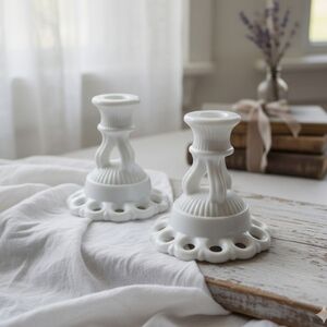 Westmoreland Milk Glass Doric Lace Candlestick Pair White Vintage 4.5" MCM Decor
